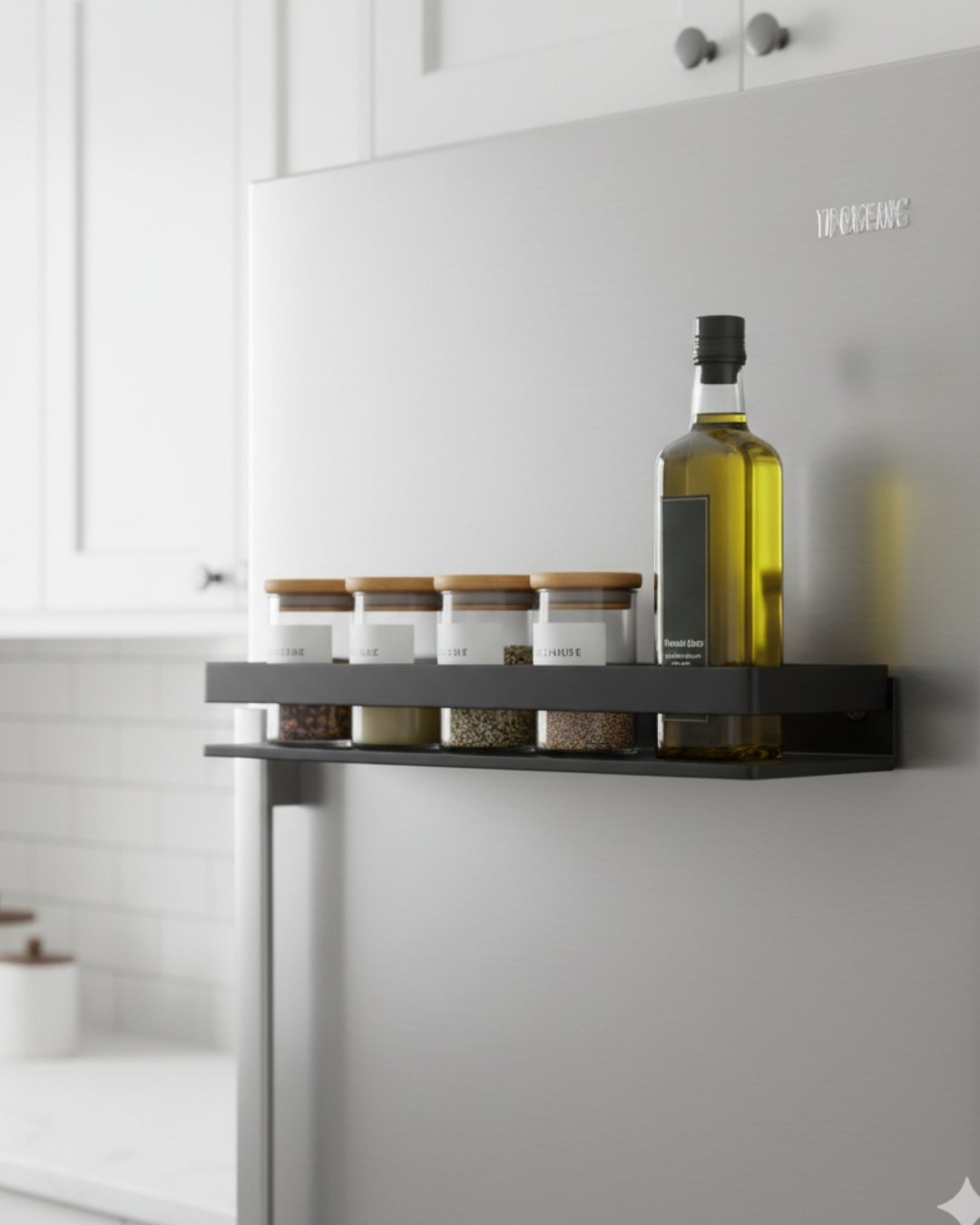Spice rack with jars and a bottle on a kitchen shelf