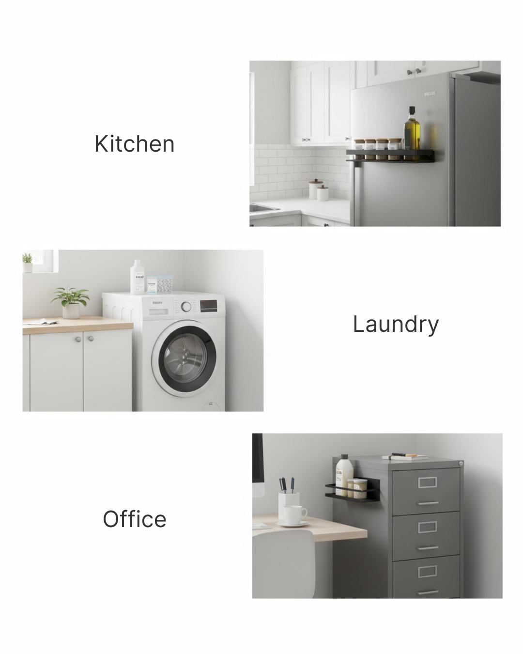 Collage of images labeled 'Kitchen', 'Laundry', and 'Office' with corresponding furniture and appliances.