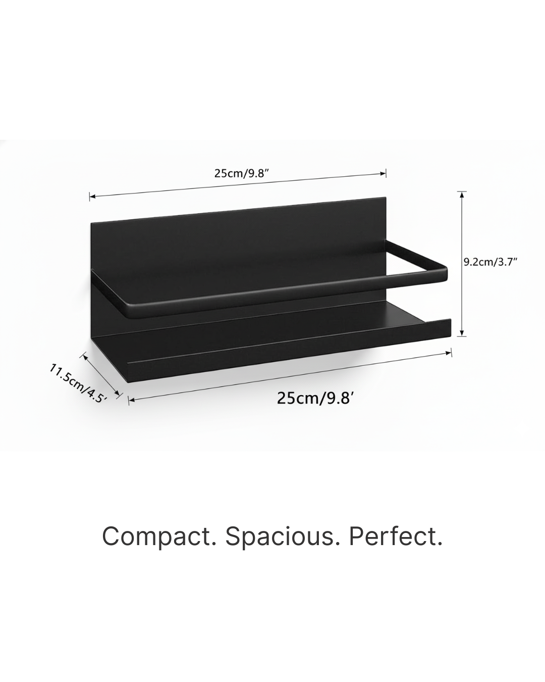 Black shelf with dimensions labeled on a white background
